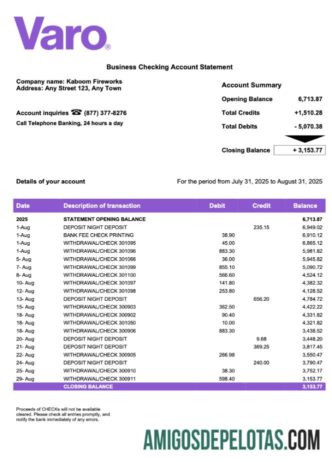 Em branco EUA Califórnia Varo Organization Checking modelo de extrato de conta Word e PDF